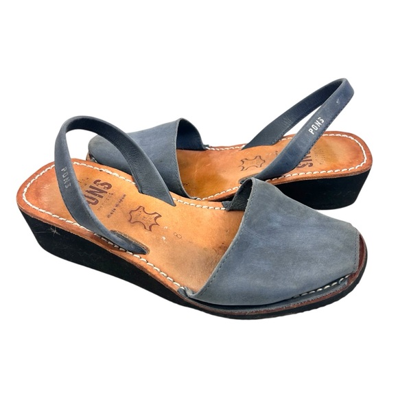PONS Womens Avarcas Classic Platform French Blue Handmade Leather Sandals Size 8 - Picture 1 of 10